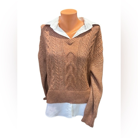 Rachel Zoe Cable Knit Twofer Shirt Sweater Vest Brown Womens M Preppy Academia - Picture 1 of 13
